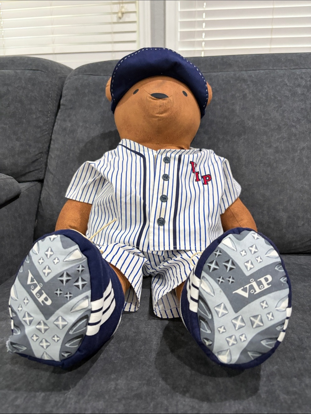 VIP Bear Plush in Navy & White Striped Baseball Outfit